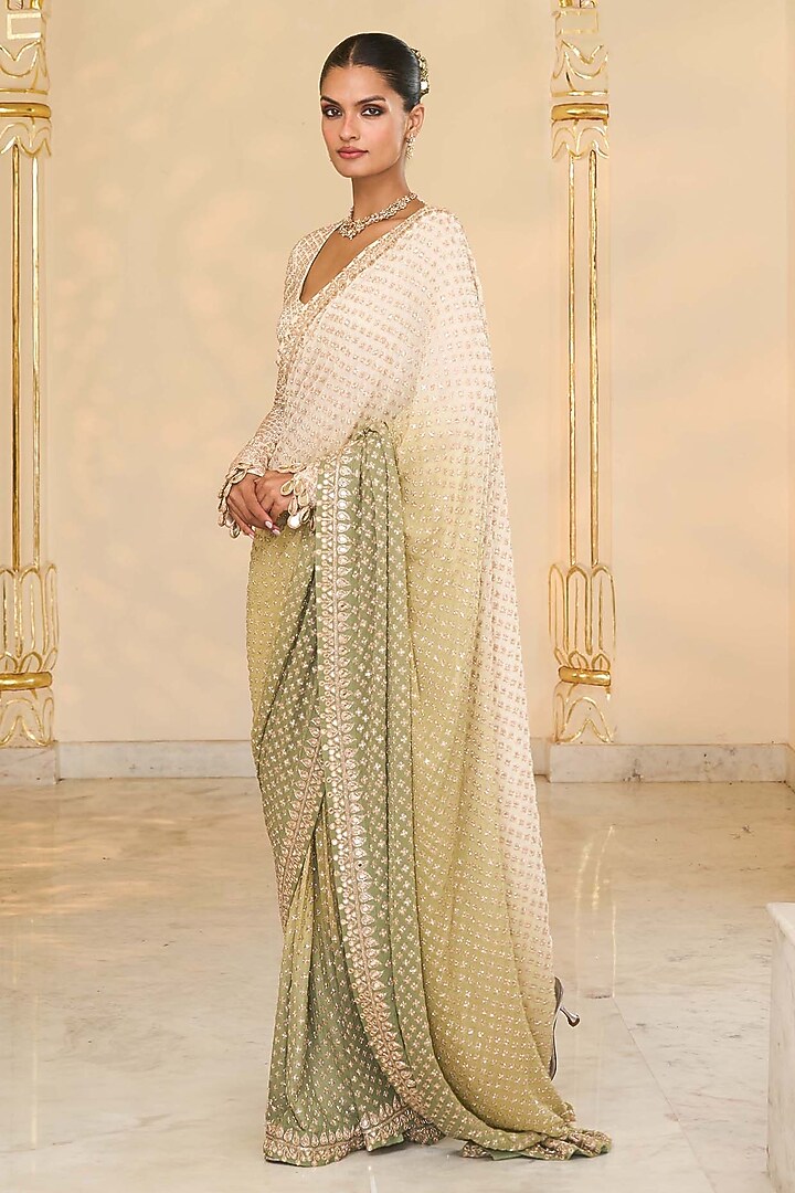Green Shaded Georgette Hand Embroidered Bridal Saree Set by Arpita Mehta at Pernia's Pop Up Shop