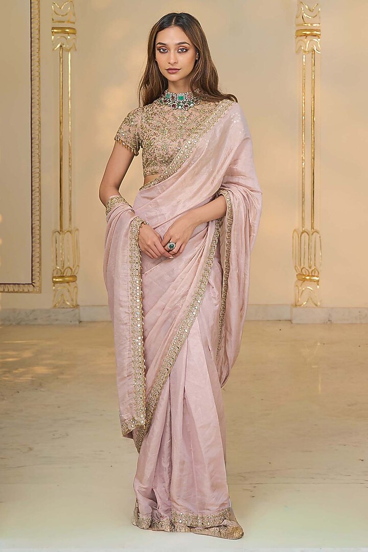 Old Rose Tissue Hand Embroidered Bridal Saree Set by Arpita Mehta at Pernia's Pop Up Shop