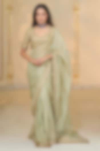 Sage Green Tissue Hand Embroidered Bridal Saree Set by Arpita Mehta at Pernia's Pop Up Shop