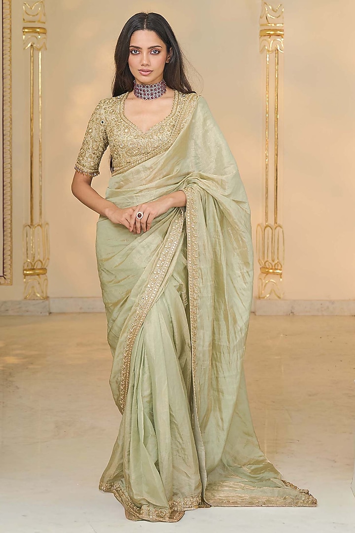Sage Green Tissue Hand Embroidered Bridal Saree Set by Arpita Mehta at Pernia's Pop Up Shop