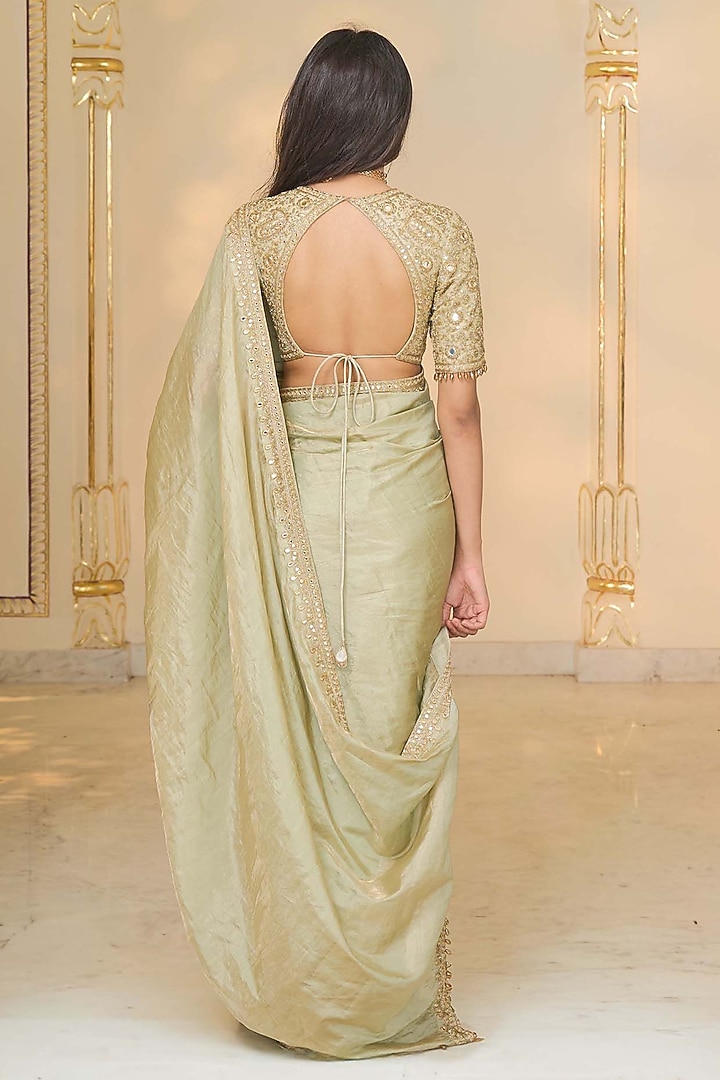 Sage Green Tissue Hand Embroidered Bridal Saree Set by Arpita Mehta at Pernia's Pop Up Shop
