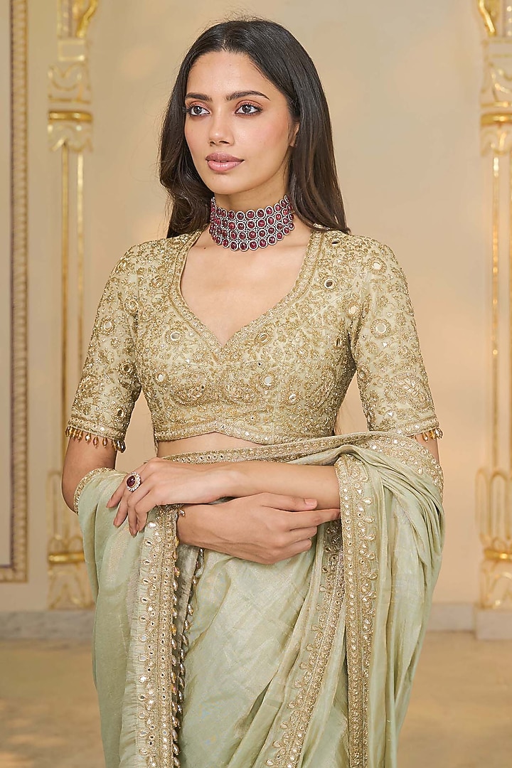 Sage Green Tissue Hand Embroidered Bridal Saree Set by Arpita Mehta at Pernia's Pop Up Shop