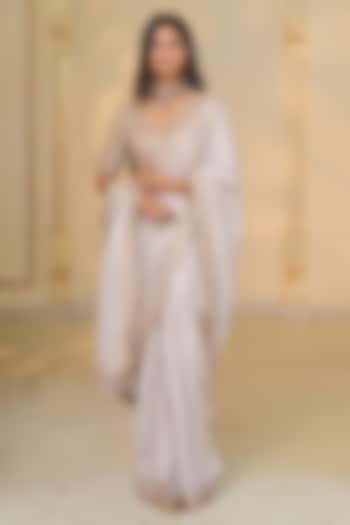 Rose Gold Tissue Hand Embroidered Bridal Saree Set by Arpita Mehta at Pernia's Pop Up Shop