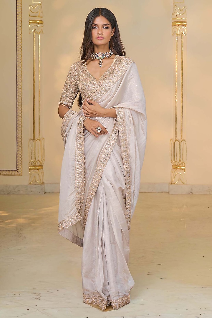 Rose Gold Tissue Hand Embroidered Bridal Saree Set by Arpita Mehta at Pernia's Pop Up Shop