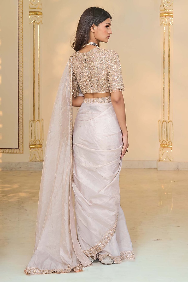 Rose Gold Tissue Hand Embroidered Bridal Saree Set by Arpita Mehta at Pernia's Pop Up Shop
