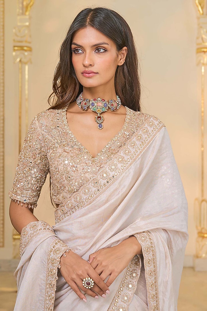 Rose Gold Tissue Hand Embroidered Bridal Saree Set by Arpita Mehta at Pernia's Pop Up Shop