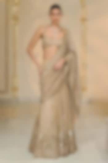 Golden Tissue Hand Embroidered Bridal Lehenga Saree Set by Arpita Mehta at Pernia's Pop Up Shop