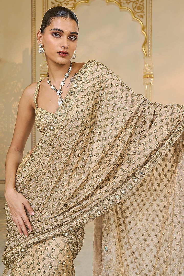Golden Tissue Hand Embroidered Bridal Lehenga Saree Set by Arpita Mehta at Pernia's Pop Up Shop