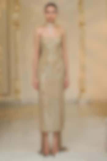 Beige & Gold Georgette Bodycon Party Wear Dress With Dupatta by Arpita Mehta at Pernia's Pop Up Shop