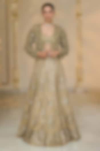 Golden Tissue Mirror Hand Embroidered Jacket Bridal Lehenga Set by Arpita Mehta at Pernia's Pop Up Shop