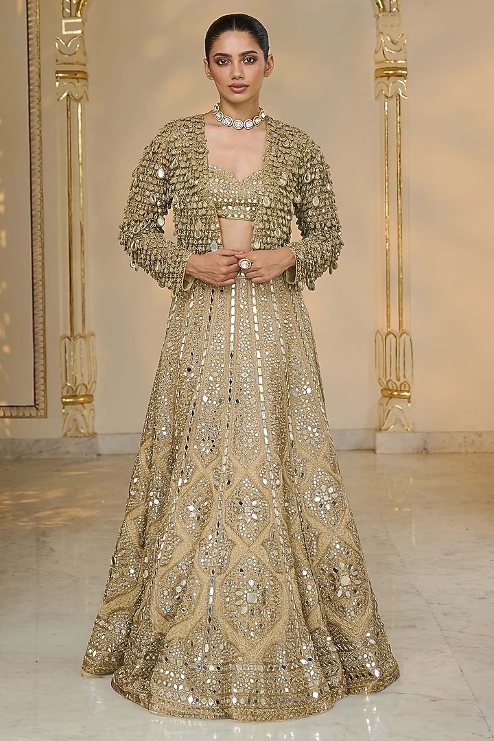 Golden Tissue Mirror Hand Embroidered Jacket Bridal Lehenga Set by Arpita Mehta at Pernia's Pop Up Shop