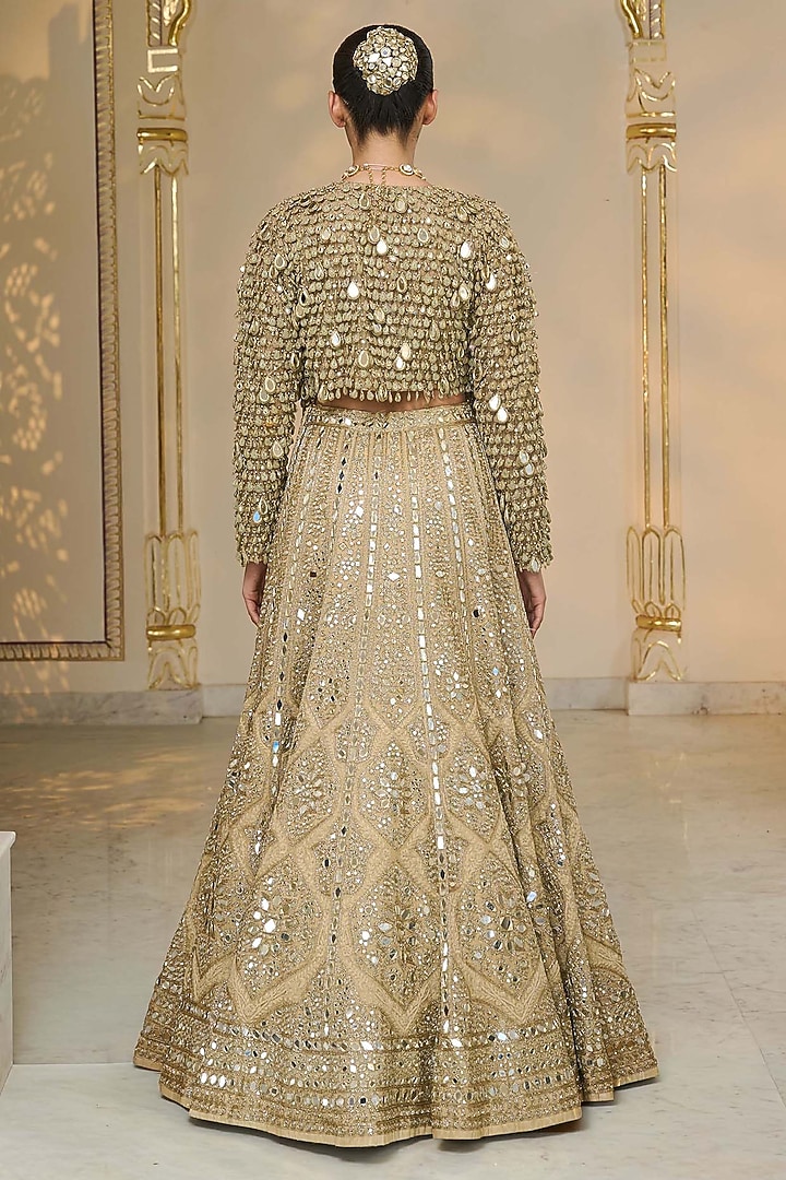Golden Tissue Mirror Hand Embroidered Jacket Bridal Lehenga Set by Arpita Mehta at Pernia's Pop Up Shop