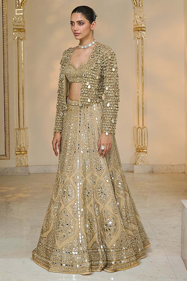 Golden Tissue Mirror Hand Embroidered Jacket Bridal Lehenga Set by Arpita Mehta at Pernia's Pop Up Shop