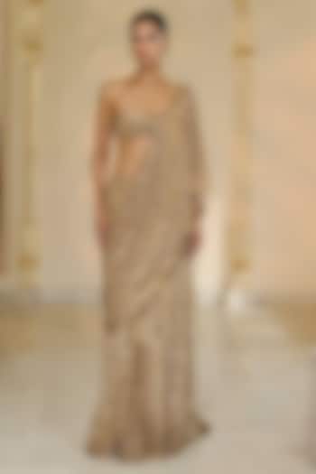 Golden Georgette Sequins Hand Embroidered Bridal Saree Set by Arpita Mehta at Pernia's Pop Up Shop