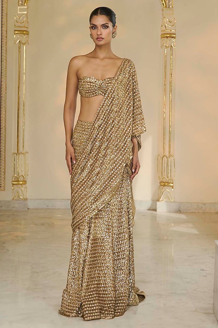 Golden Georgette Sequins Hand Embroidered Bridal Saree Set by Arpita Mehta at Pernia's Pop Up Shop