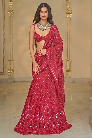 Red Organza Hand Embroidered Lehenga Saree Set by Arpita Mehta