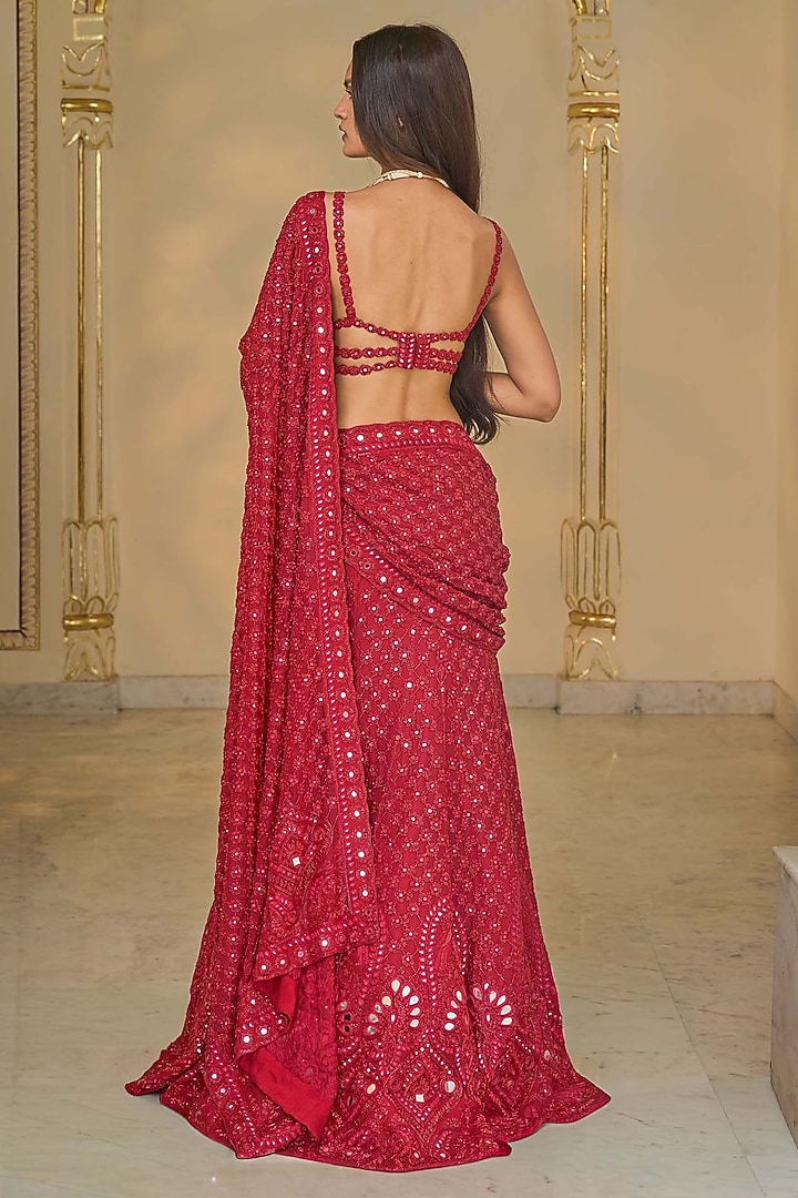 Red Organza Hand Embroidered Bridal Lehenga Saree Set by Arpita Mehta at Pernia's Pop Up Shop
