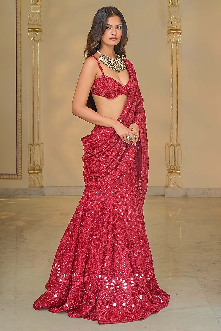 Red Organza Hand Embroidered Bridal Lehenga Saree Set by Arpita Mehta at Pernia's Pop Up Shop