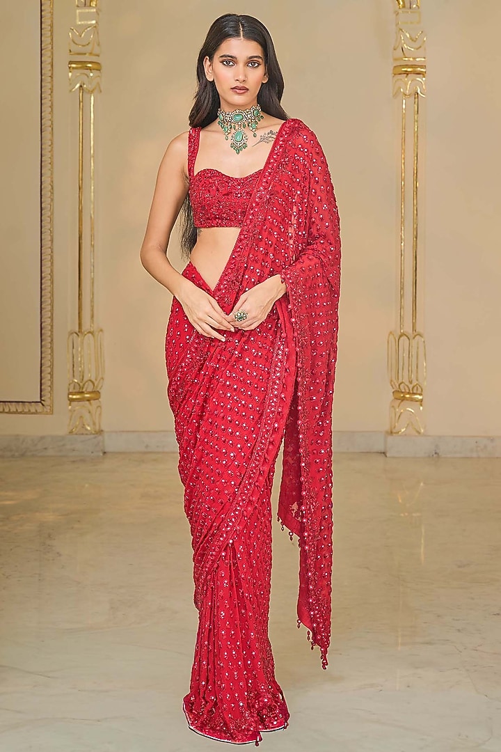 Red Georgette Hand Embroidered Bridal Saree Set by Arpita Mehta at Pernia's Pop Up Shop