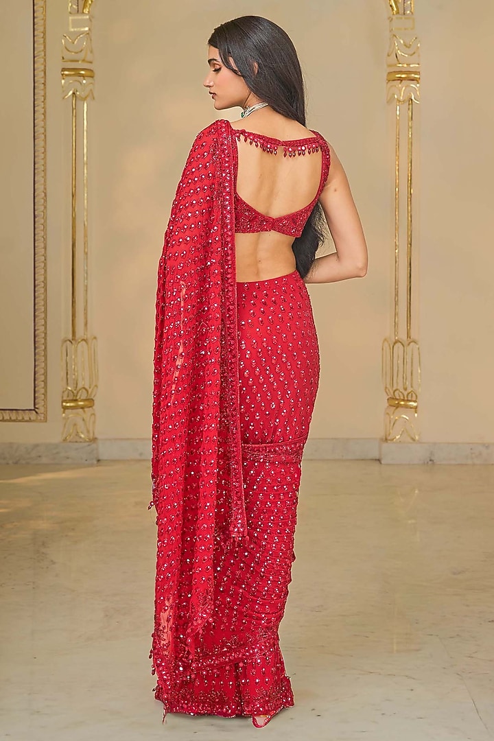 Red Georgette Hand Embroidered Bridal Saree Set by Arpita Mehta at Pernia's Pop Up Shop