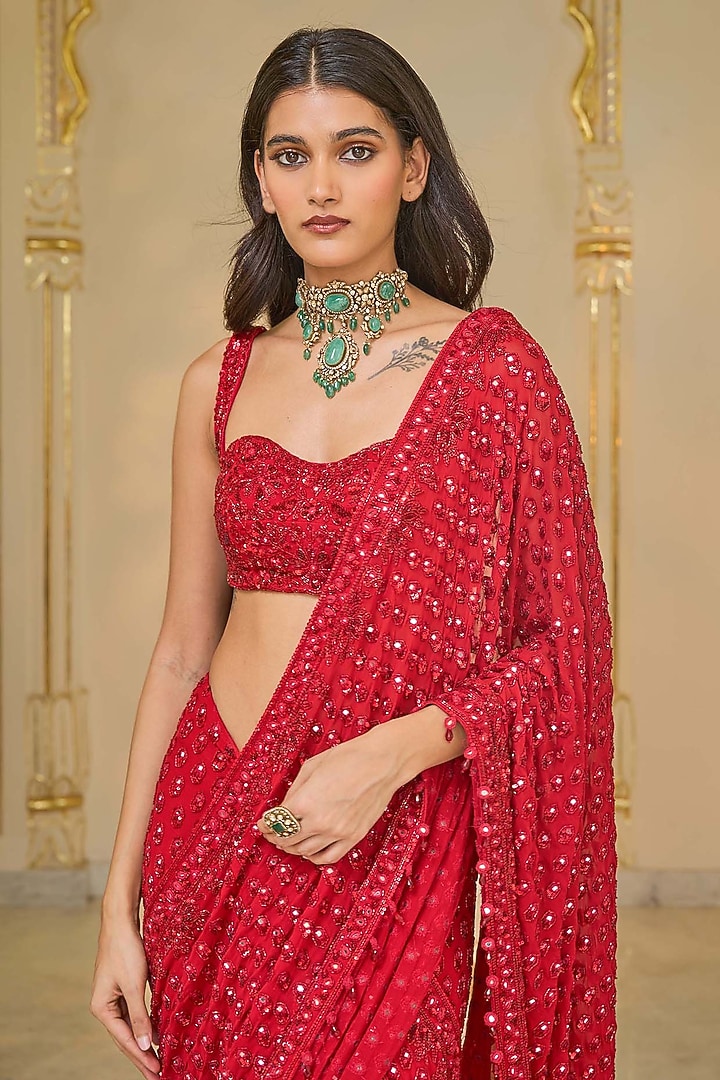 Red Georgette Hand Embroidered Bridal Saree Set by Arpita Mehta at Pernia's Pop Up Shop