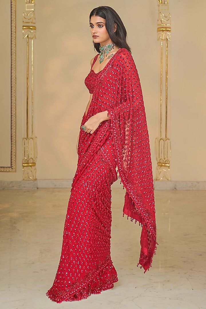 Red Georgette Hand Embroidered Bridal Saree Set by Arpita Mehta at Pernia's Pop Up Shop