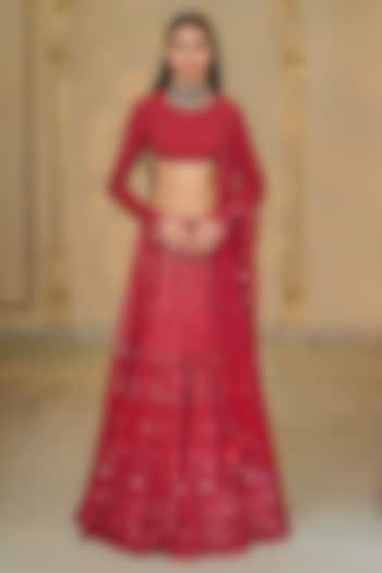 Red Net Linear Hand Embroidered Bridal Lehenga Set by Arpita Mehta at Pernia's Pop Up Shop