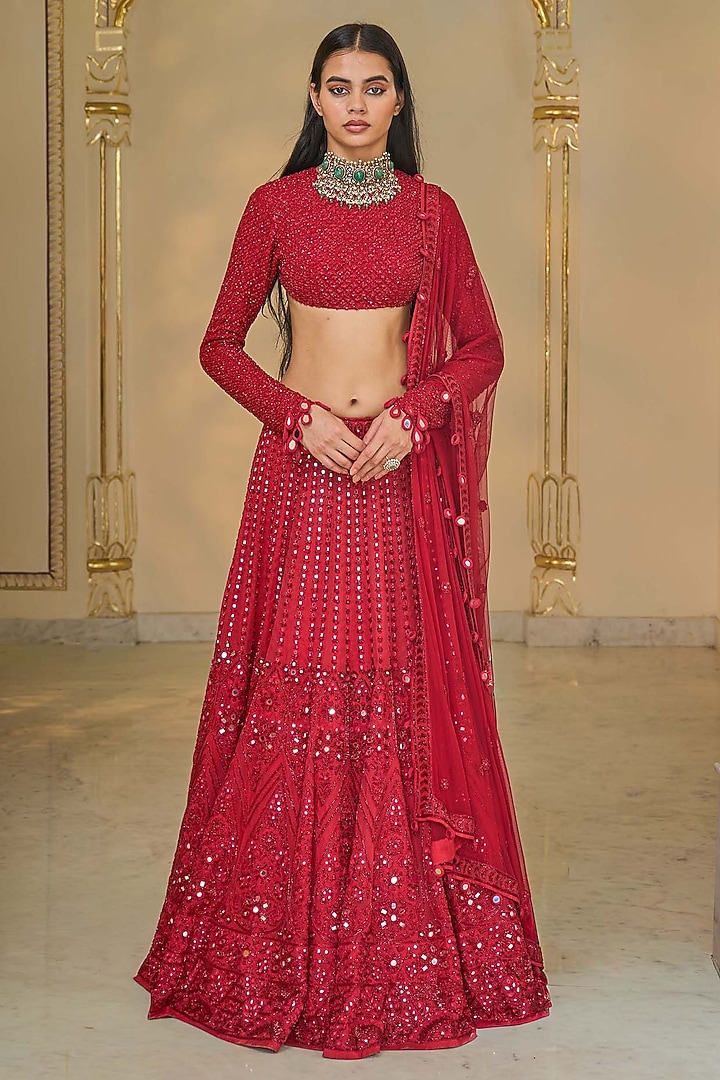 Red Net Linear Hand Embroidered Bridal Lehenga Set by Arpita Mehta at Pernia's Pop Up Shop