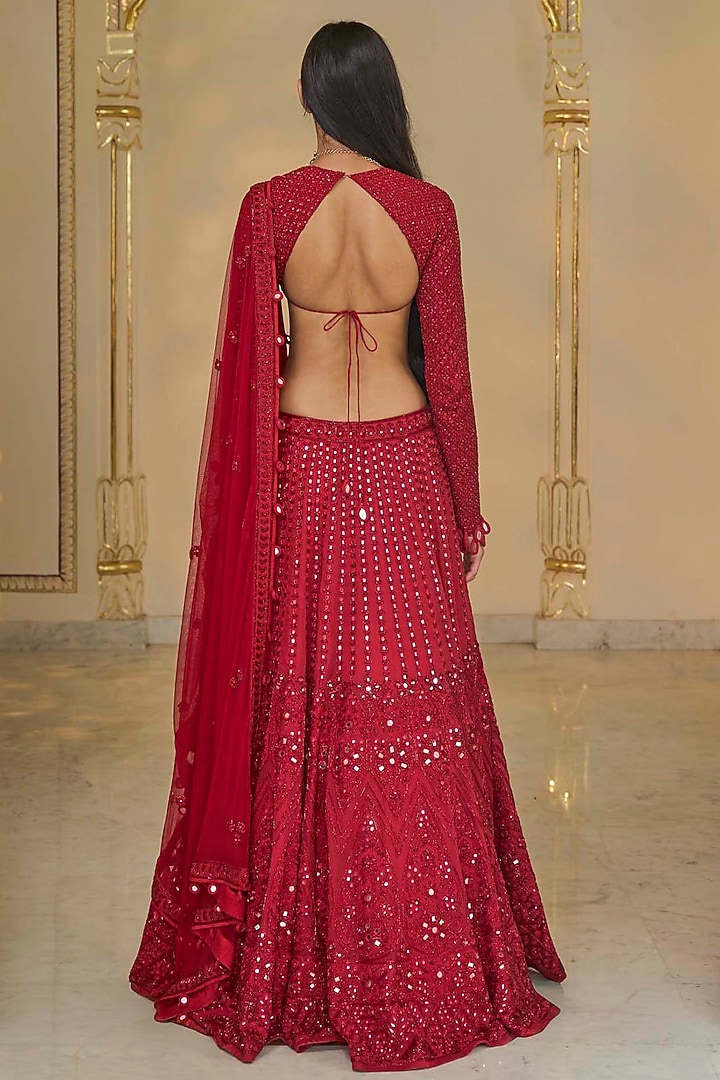 Red Net Linear Hand Embroidered Bridal Lehenga Set by Arpita Mehta at Pernia's Pop Up Shop