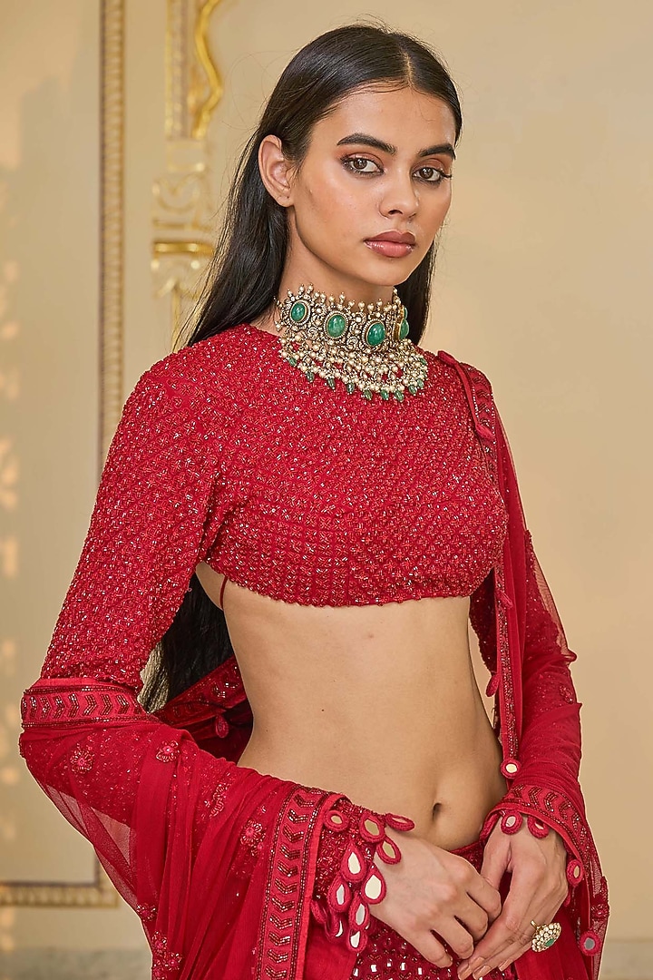 Red Net Linear Hand Embroidered Bridal Lehenga Set by Arpita Mehta at Pernia's Pop Up Shop
