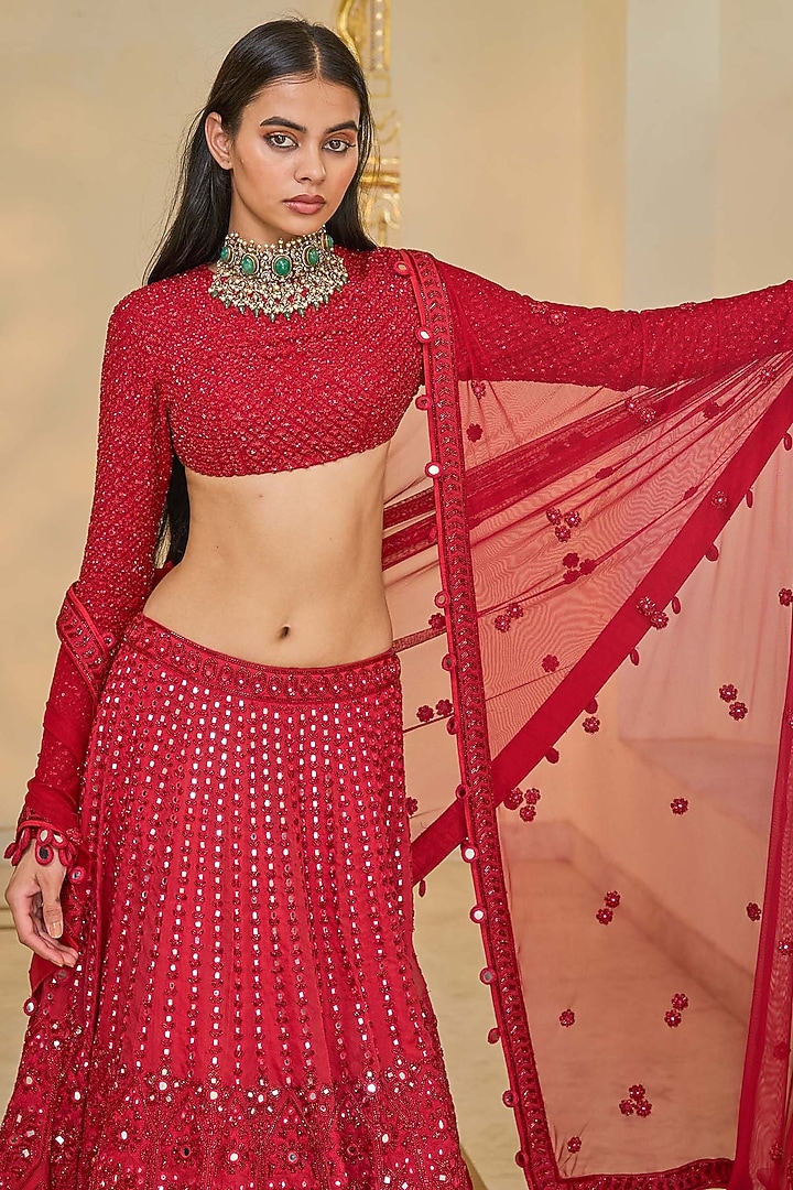 Red Net Linear Hand Embroidered Bridal Lehenga Set by Arpita Mehta at Pernia's Pop Up Shop