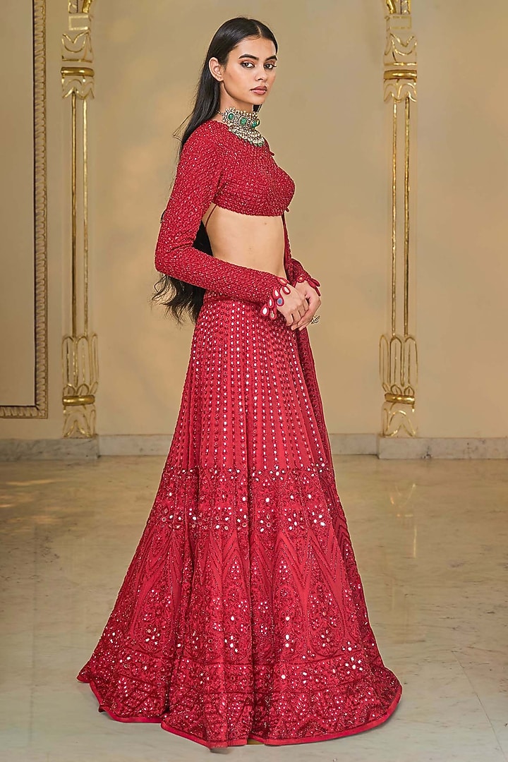 Red Net Linear Hand Embroidered Bridal Lehenga Set by Arpita Mehta at Pernia's Pop Up Shop
