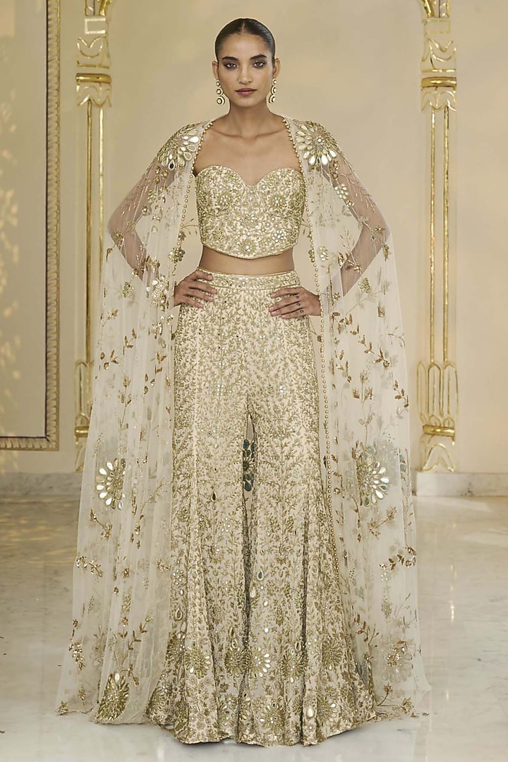 Cream & Beige Georgette Hand Embroidered Bridal Sharara Set by Arpita Mehta at Pernia's Pop Up Shop