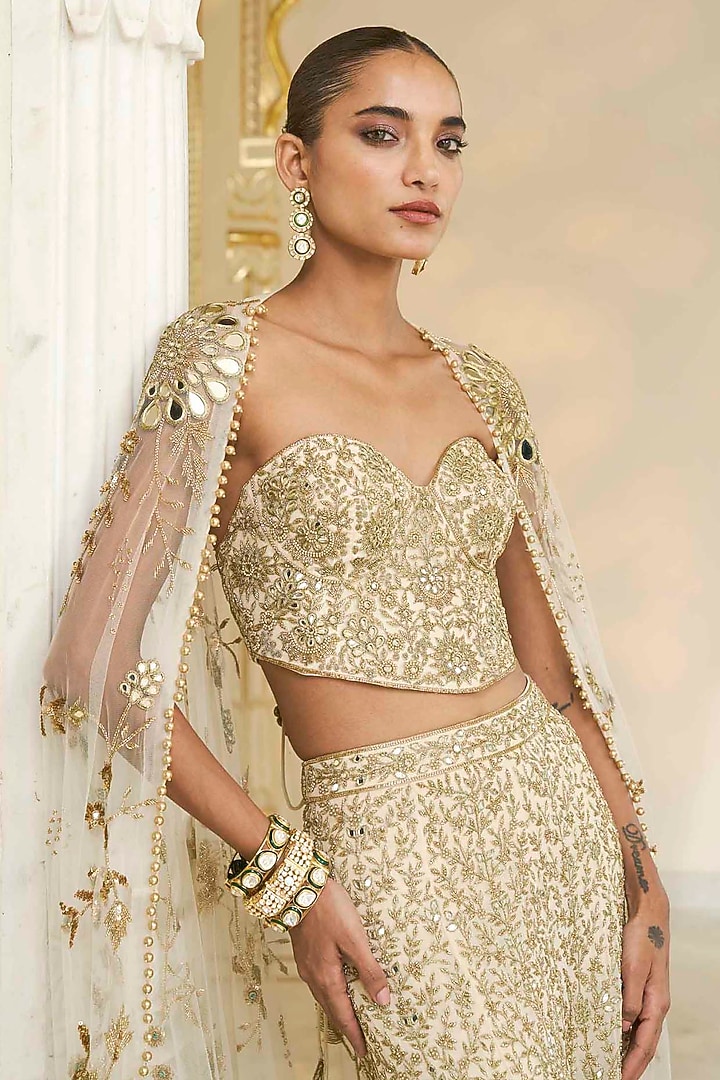 Cream & Beige Georgette Hand Embroidered Bridal Sharara Set by Arpita Mehta at Pernia's Pop Up Shop