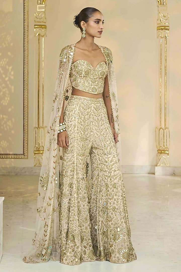 Cream & Beige Georgette Hand Embroidered Bridal Sharara Set by Arpita Mehta at Pernia's Pop Up Shop