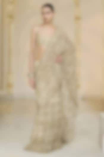 Golden Net Hand Embroidered Ruffled Bridal Saree Set by Arpita Mehta at Pernia's Pop Up Shop