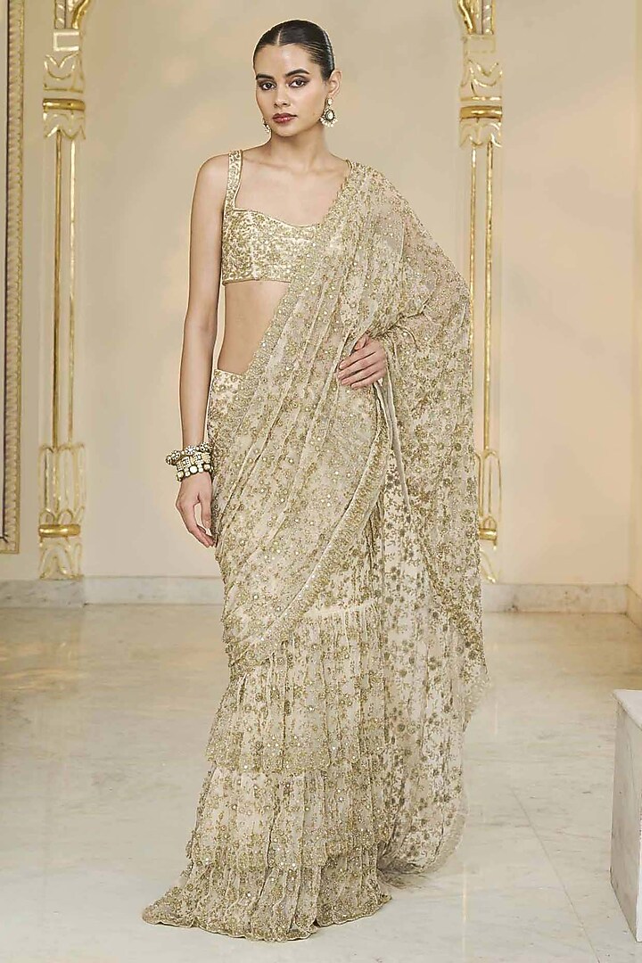 Golden Net Hand Embroidered Ruffled Bridal Saree Set by Arpita Mehta at Pernia's Pop Up Shop