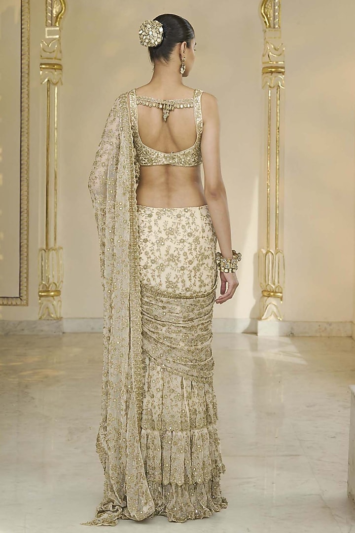 Golden Net Hand Embroidered Ruffled Bridal Saree Set by Arpita Mehta at Pernia's Pop Up Shop