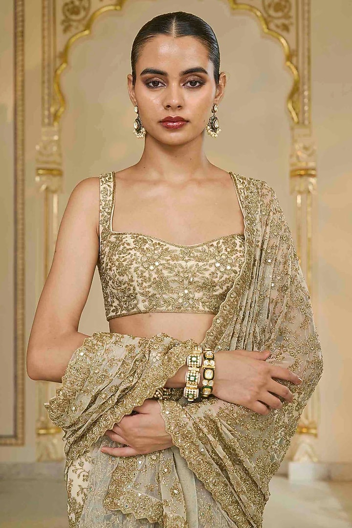 Golden Net Hand Embroidered Ruffled Bridal Saree Set by Arpita Mehta at Pernia's Pop Up Shop