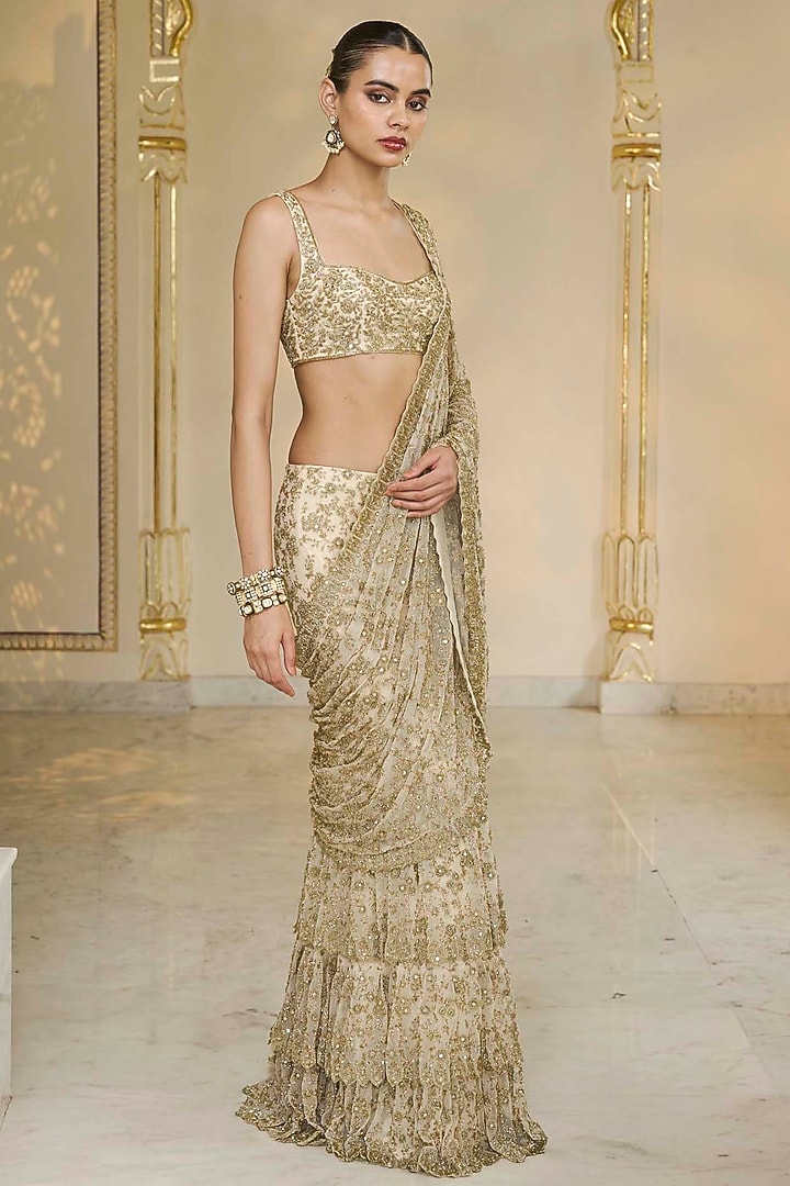 Golden Net Hand Embroidered Ruffled Bridal Saree Set by Arpita Mehta at Pernia's Pop Up Shop