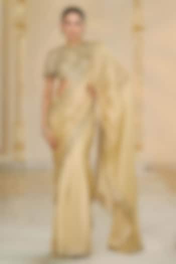 Golden Tissue Hand Embroidered Bridal Saree Set by Arpita Mehta at Pernia's Pop Up Shop