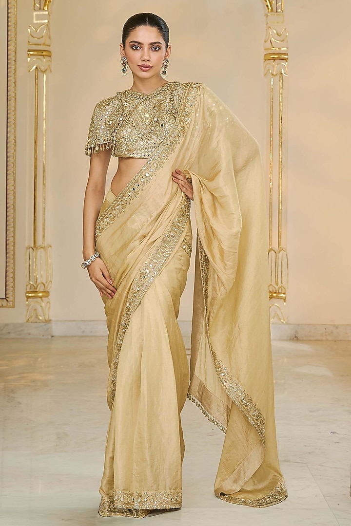 Golden Tissue Hand Embroidered Bridal Saree Set by Arpita Mehta at Pernia's Pop Up Shop