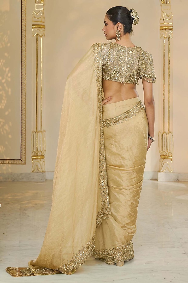 Golden Tissue Hand Embroidered Bridal Saree Set by Arpita Mehta at Pernia's Pop Up Shop