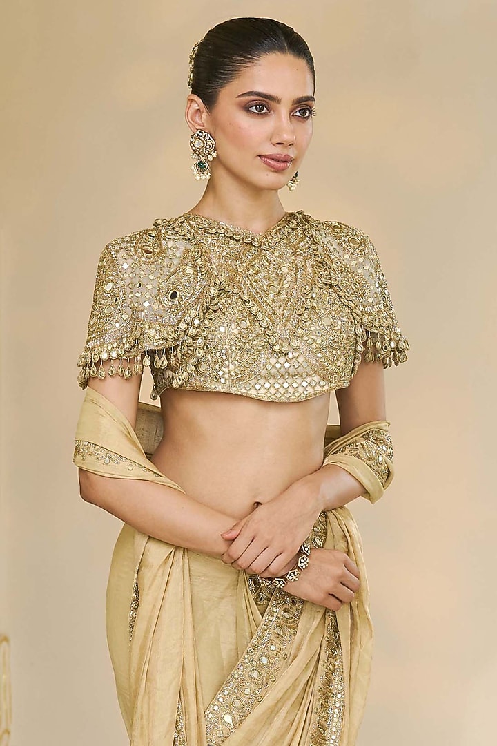 Golden Tissue Hand Embroidered Bridal Saree Set by Arpita Mehta at Pernia's Pop Up Shop