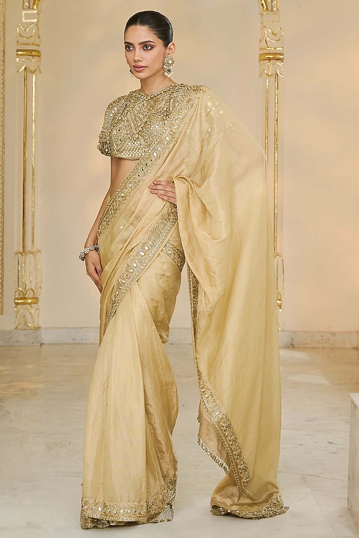 Golden Tissue Hand Embroidered Bridal Saree Set by Arpita Mehta at Pernia's Pop Up Shop