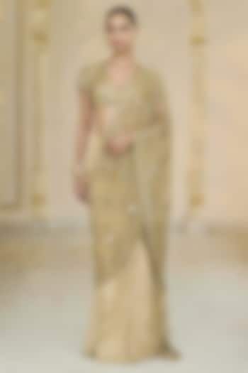 Golden Tissue Godet Embroidered Bridal Saree Set by Arpita Mehta at Pernia's Pop Up Shop
