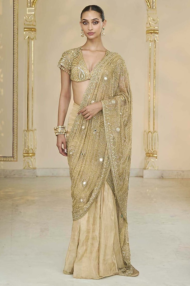 Golden Tissue Godet Embroidered Bridal Saree Set by Arpita Mehta at Pernia's Pop Up Shop