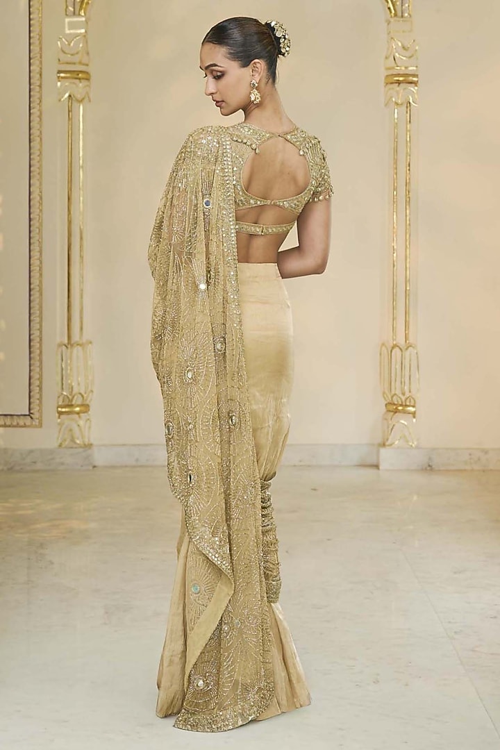 Golden Tissue Godet Embroidered Bridal Saree Set by Arpita Mehta at Pernia's Pop Up Shop