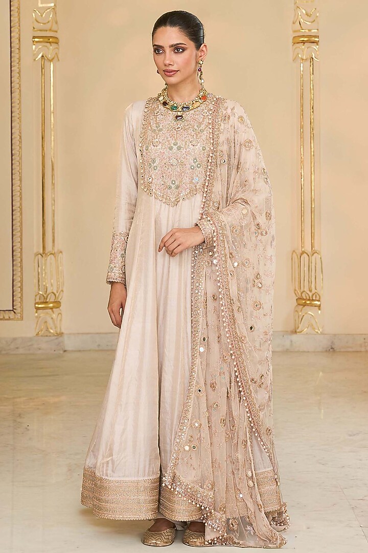 Rose Gold Tissue Hand Embroidered Bridal Anarkali Set by Arpita Mehta at Pernia's Pop Up Shop
