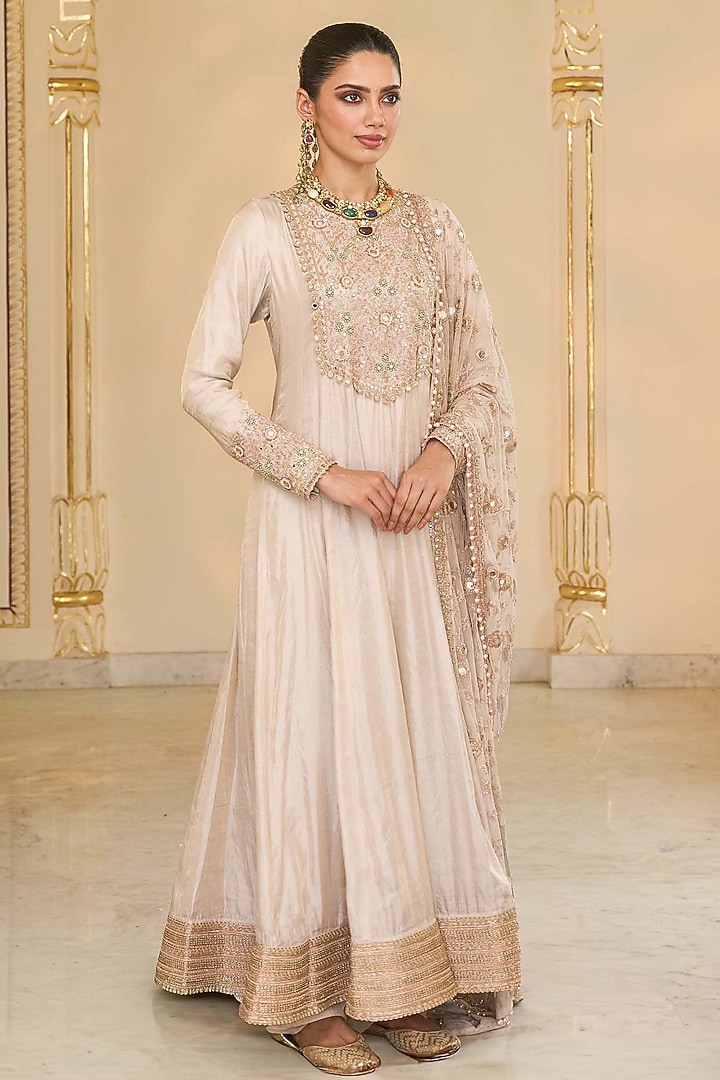 Rose Gold Tissue Hand Embroidered Bridal Anarkali Set by Arpita Mehta at Pernia's Pop Up Shop